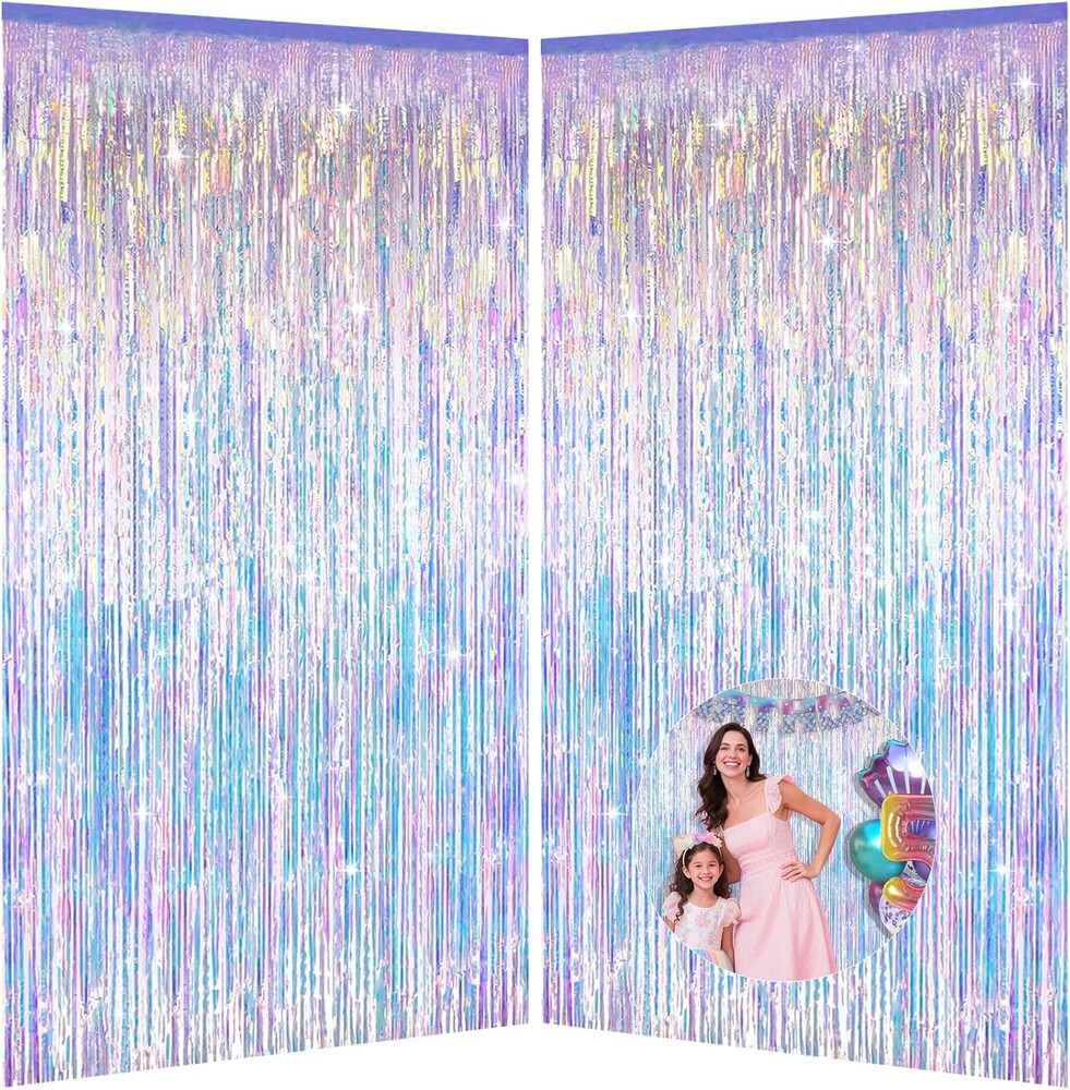 Iridescent Party Decorations Fringe Backdrop, Sparkling Holographic Foil Fringe Tinsel Curtains for Frozen Mermaid Birthday Party Decor - 3.28x6.56ft 2 Packs