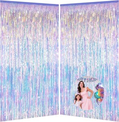 Iridescent Party Decorations Fringe Backdrop, Sparkling Holographic Foil Fringe Tinsel Curtains for Frozen Mermaid Birthday Party Decor - 3.28x6.56ft 2 Packs