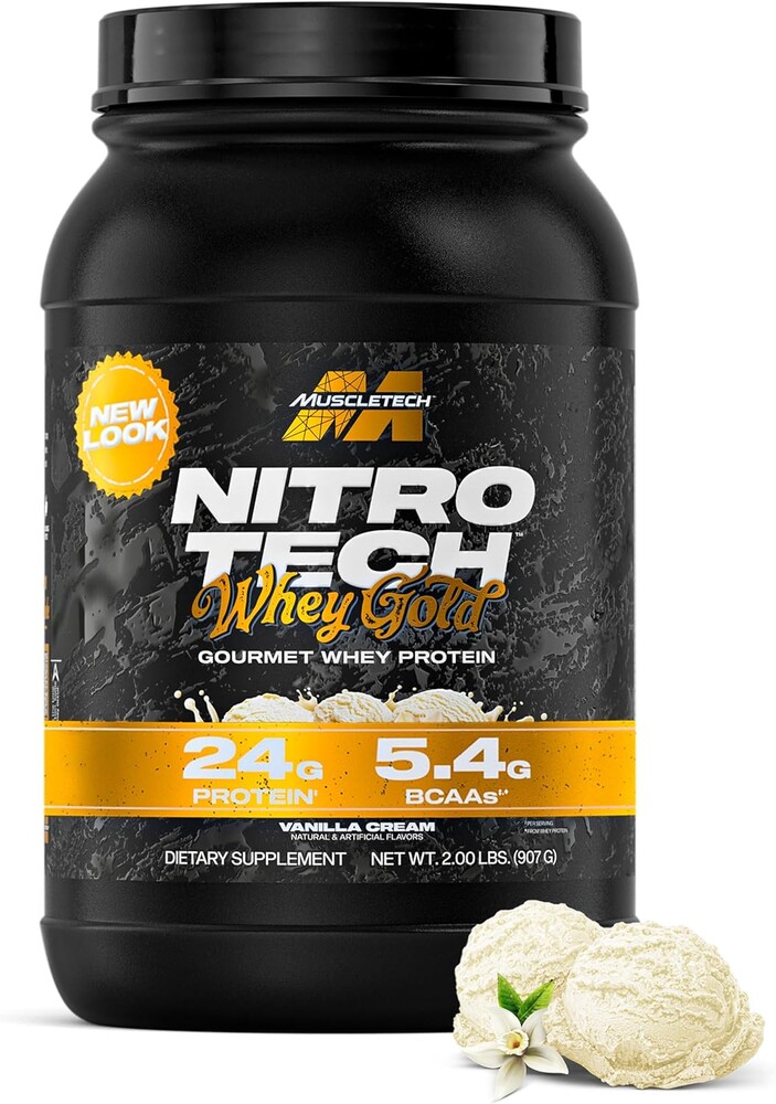 MuscleTech Whey Protein Powder (Vanilla Cream, 2LB) - Nitro-Tech Whey Protein Isolate Smoothie Mix for Lean Muscle & Recovery - 24g of Whey Gold for Women & Men - Packaging May Vary