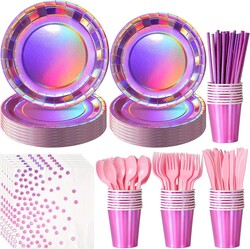 Iridescent Pink Party Supplies Decorations Serve 25, Hot Pink Holographic Paper Plates and Napkins Set, Disposable Pink Paper Plates Cups Knives Spoons Fork for Mermaid Disco Kpop Birthday Party Decor