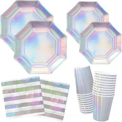 Iridescent Party Supplies - Disposable Paper Plates, Cups and Napkins, Ideal for Birthday, Mermaid Themed Events & Birthday or Wedding Party Decoration - Serves 16