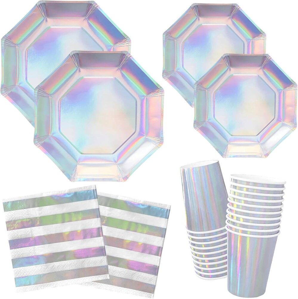 Iridescent Party Supplies - Disposable Paper Plates, Cups and Napkins, Ideal for Birthday, Mermaid Themed Events & Birthday or Wedding Party Decoration - Serves 16