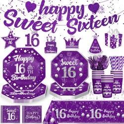 164pcs Sweet 16 Birthday Decorations Tableware Set for Girls Boys Teenager, Sweet 16 Party Decorations Purple with Sweet 16 Plates and Napkins Happy Sweet 16 Banner Tablecloth, Serves 25