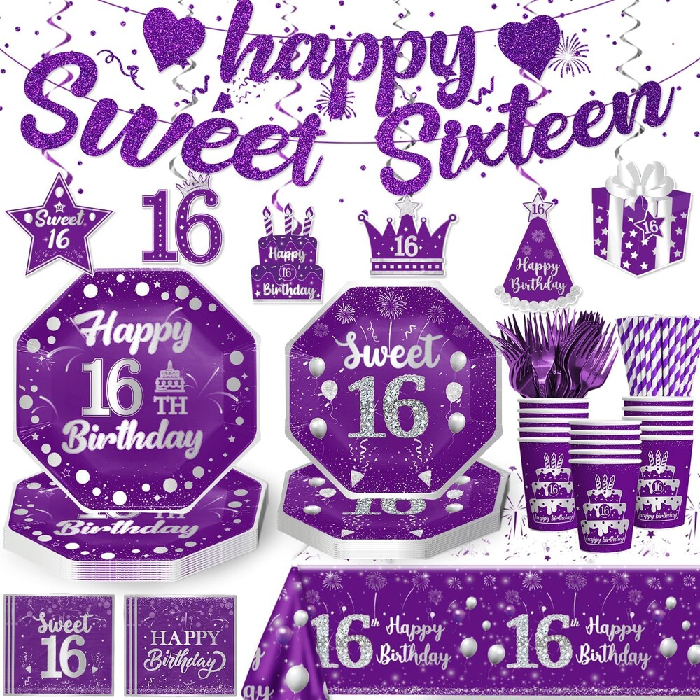 164pcs Sweet 16 Birthday Decorations Tableware Set for Girls Boys Teenager, Sweet 16 Party Decorations Purple with Sweet 16 Plates and Napkins Happy Sweet 16 Banner Tablecloth, Serves 25