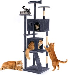 DUMOS 70-inch Indoor Cat Tree Tower –Multi-Level Pet House for Large Cats with 2 Condos, Scratching Posts, Round Platform, Small Ladder, and Toys, Grey