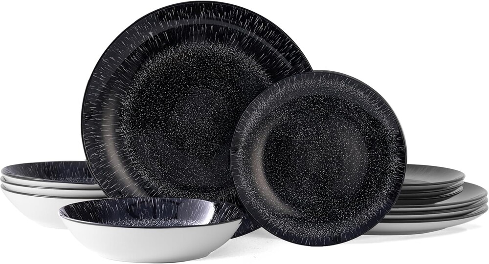 Bestone 12-Piece Round Porcelain Dinnerware Set, Service for 4, Chip Resistant Plates and Bowls,Black, Dishwasher & Microwave Safe for Home Daily Use