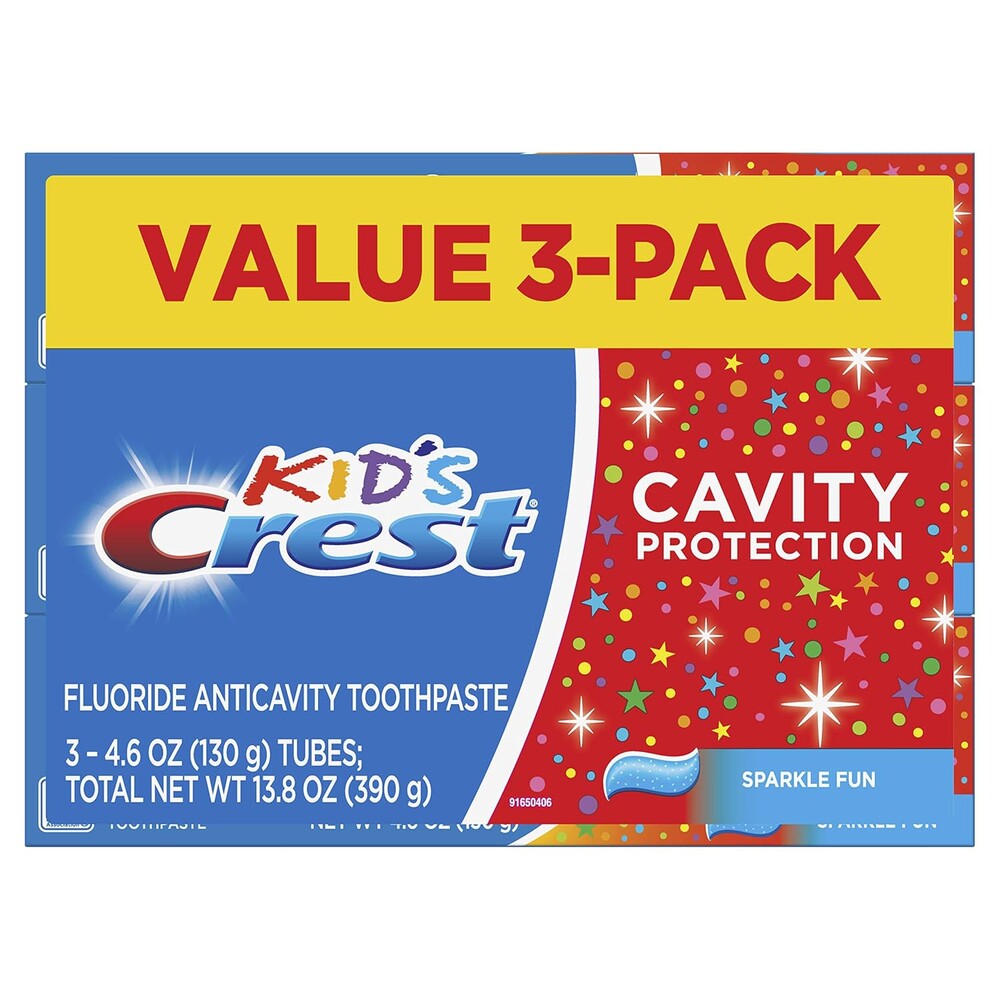 Crest Kid's Cavity Protection Toothpaste, Crest Kids Toothpaste, For Children And Toddlers 2+, Sparkle Fun, 4.6 Oz (Pack of 3), Toothpaste For Kids, Packaging may vary
