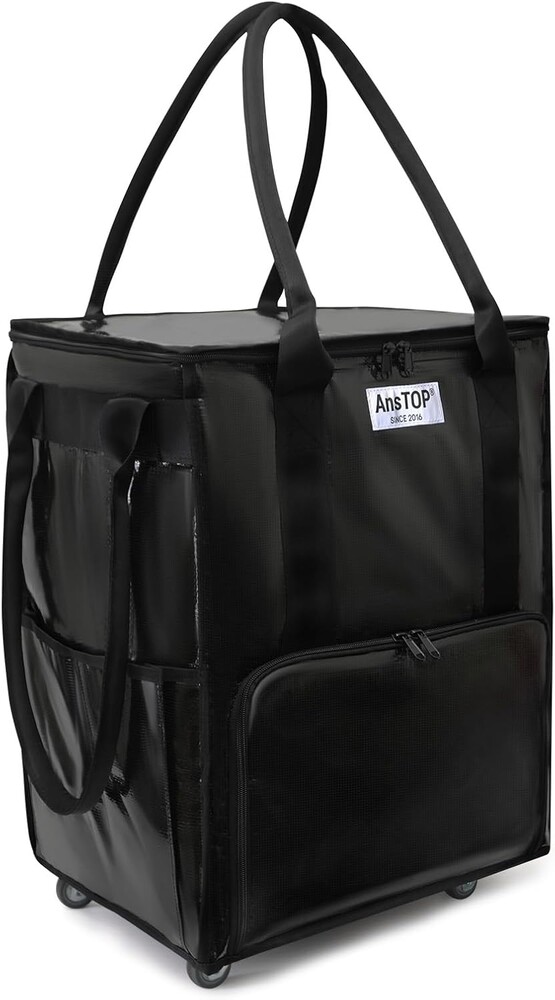 AnsTOP Reusable Grocery Bag on Wheels, 66LBS Foldable Shopping Cart with 5 Smooth Caster Wheels Zippered Top, Rolling Tote with Multiple Pockets for Groceries, Laundry, Travel, Camping,Medium,Black