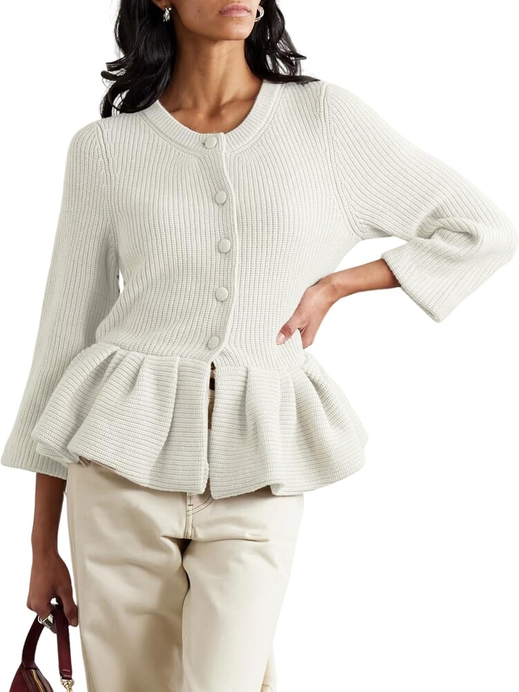 Womens Peplum Sweater Cardigan Ribbed Knit Button Down Sweater Top Flared Hem Peplum Knit Top Elegant Spring Cardigan