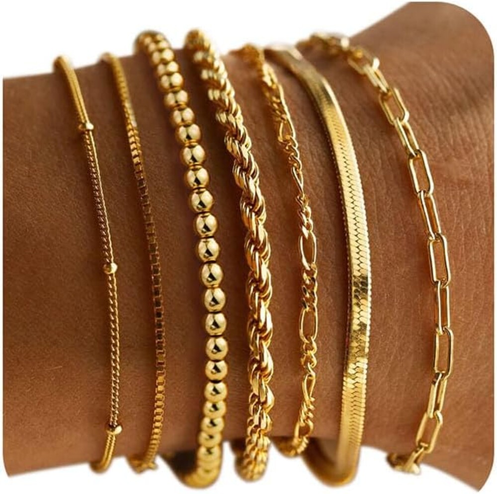 M MOOHAM Gold Bracelets for Women - 14K Real Gold Plated Beaded Bracelets Set Rope Paperclip Chain Stackable Bracelet Non Tarnish, Friendship Birthday Jewelry Gifts for Women Teen