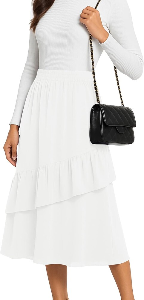 YSYOKOW Womens Midi Skirts 2025 Summer Trendy Ruffle Elastic High Waisted Long Flowy Maxi Skirt with Pockets