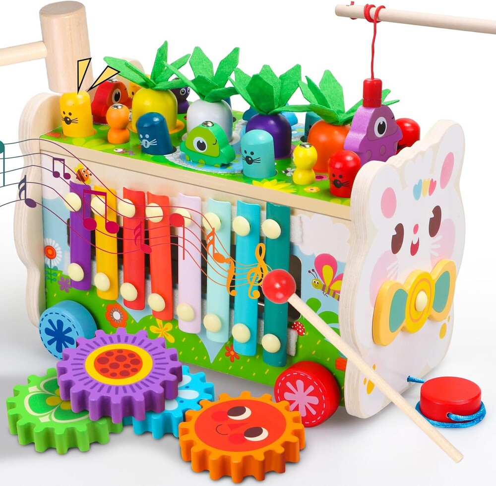9 in 1 Montessori Toys for 1 Year Old, Wooden Hammering Pounding Toy Game with Xylophone for Toddlers 1-3, Gears and carrot harvest,1 Year Old Girl Birthday Easter Gifts, Learing Toys for babies