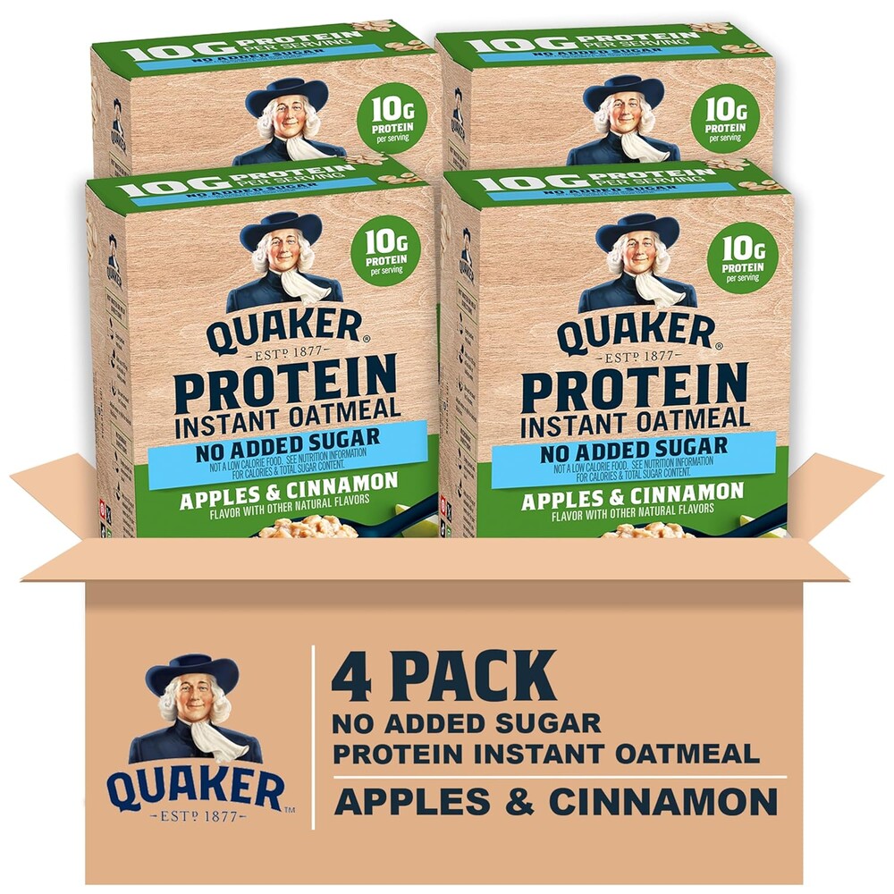 Quaker Protein Instant Oatmeal, Apple Cinnamon, 12g Protein per Serving, Whole Grains, No Artificial Flavors, No Added Colors, 1.76 oz Packets, (24 Pack)