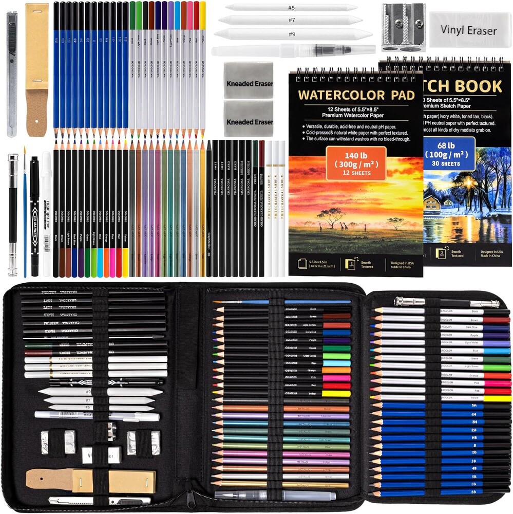 Drawdart Art Supplies Drawing Pencils Set - 76 Pack Pro Sketching Kit with Sketchbook & Watercolor Pad, Includes Graphite, Charcoal, Watercolor & Metallic Pencils for Kids, Teens, Adults