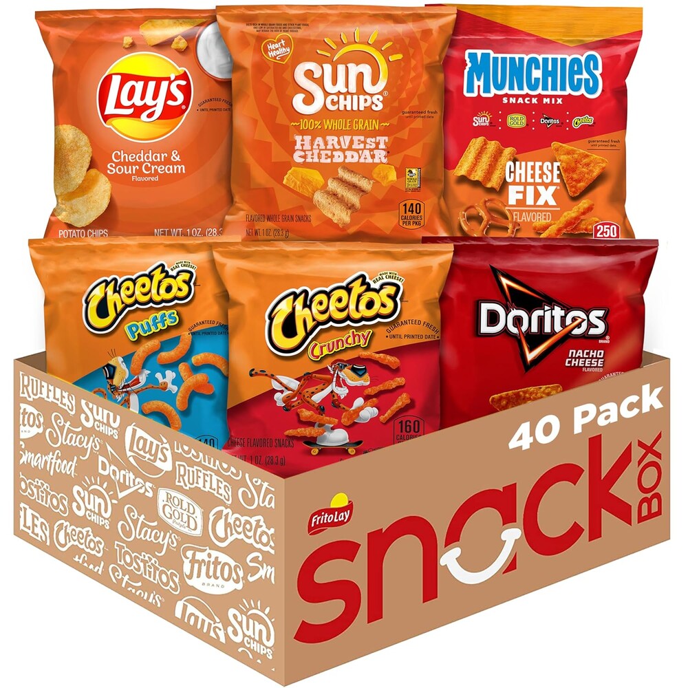 Frito-Lay Cheesy Mix 6 Flavor Variety Pack, Single Serve Bags (40 Pack), Doritos, Cheetos, Lay's, Munchies, SunChips