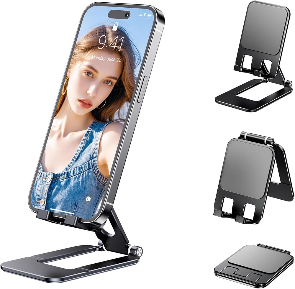Cell Phone Stand for Desk, Adjustable Aluminum Alloy Desktop Phone Holder, Portable Metal Phone Stand Foldable for for iPhone 17 16 15 14 Pro Max, Galaxy S26 and Other Phones