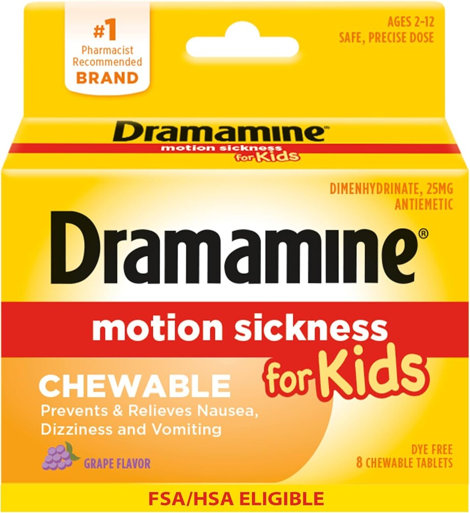 Dramamine Motion Sickness Chewable for Kids, Prevent & Relieve Motion Sickness, Dizziness & Nausea, Grape-Flavored Tablets, 8 Count