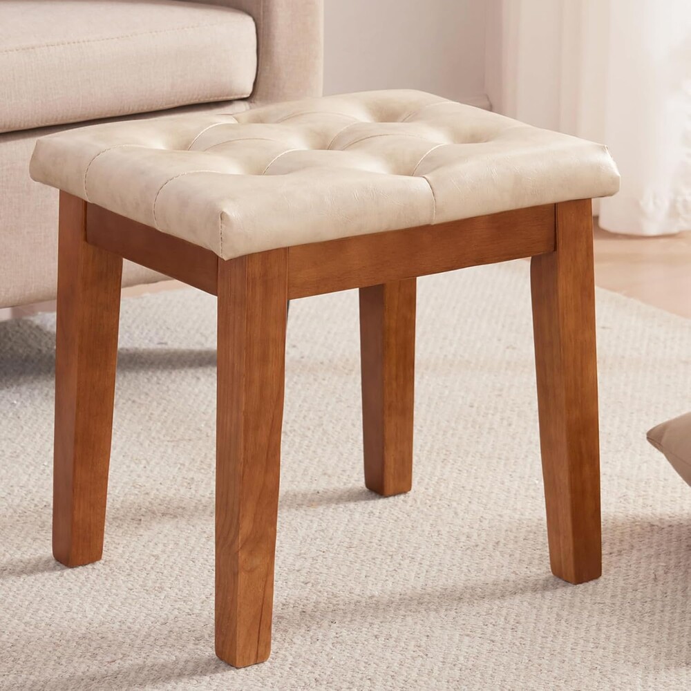 Upholstered Ottoman Stool with Padded Seat, Tufted Vanity Stool with Solid Wood Legs, Accent Stools, Faux Leather Ivory