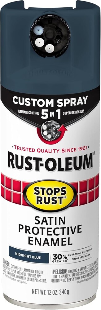 Rust-Oleum 383422 Stops Rust Custom Spray 5-in-1 Spray Paint, 12 oz, Satin Midnight Blue, (Pack of 1)