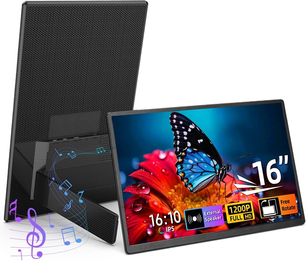 Portable Monitor 16" 1200P FHD Laptop Screen Extender, Horizontal Vertical Monitors with External Speakers, 100% sRGB Plug & Play Computer Gaming Travel Second Screen for Wins Mac Phone PS5 Xbox