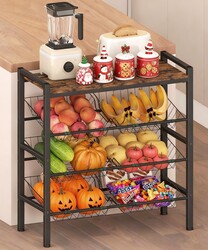 Kitchen Fruit and Vegetable Storage Rack, 4-Tier Fruit Basket Stand, Freestanding Snack Display Organizer Shelf, Small Kitchen Island with Wood Top for Pantry, Office, Living Room, Black