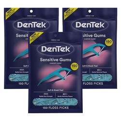 DenTek Comfort Clean Sensitive Gums Floss Picks, Soft & Silky Ribbon, 150 Count, 3 Pack