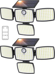 Onforu Solar Lights Outdoor 3000LM 4 Heads Motion Sensor Outdoor Lights, Remote Control, 3 Mode, Solar Security Wall Lights, IP65 Waterproof Flood Lights, Garden, Backyard, 2 Pack