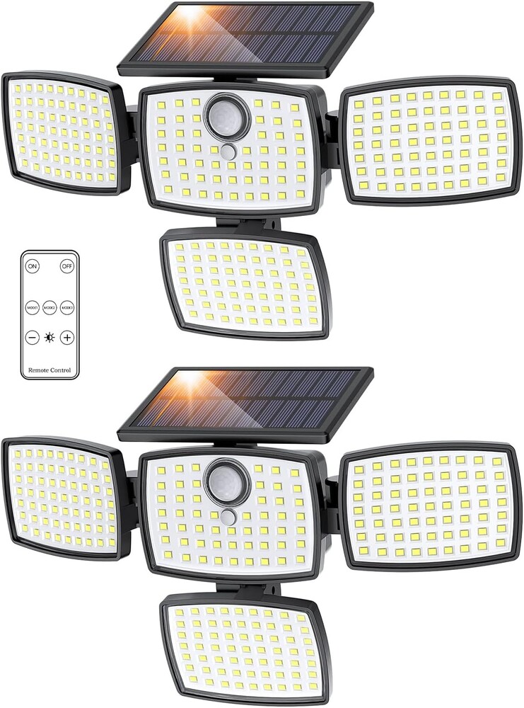 Onforu Solar Lights Outdoor 3000LM 4 Heads Motion Sensor Outdoor Lights, Remote Control, 3 Mode, Solar Security Wall Lights, IP65 Waterproof Flood Lights, Garden, Backyard, 2 Pack