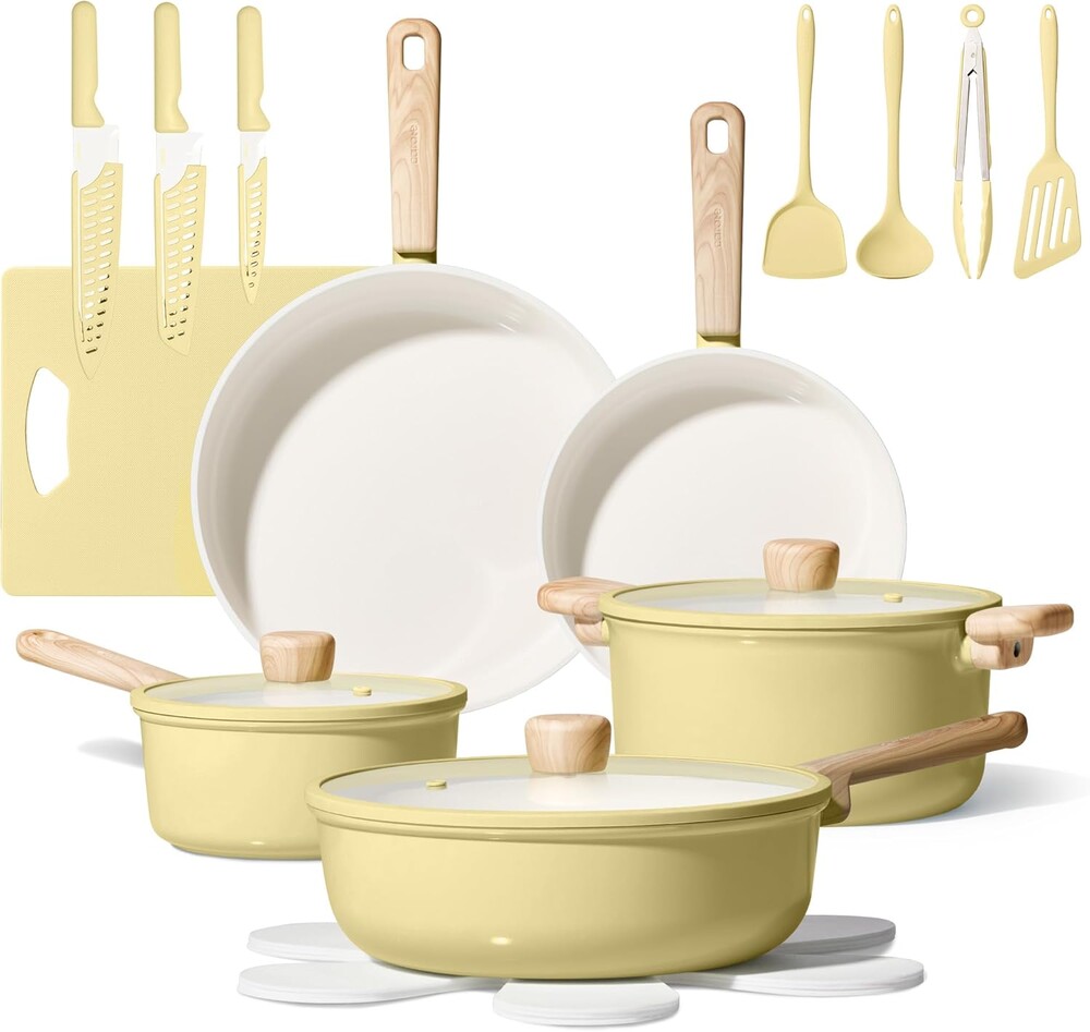 CAROTE 24pcs Ceramic Cookware Set, Pots and Pans Non Stick Kitchen Cookware Sets, Pots and Pans Set Cooking Set with Knife Set