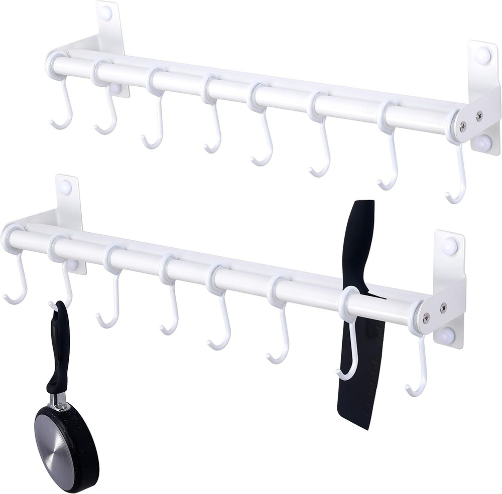 Dseap Pot Rack - Pots and Pans Hanging Rack Rail with 8 Hooks, Double Bars, Pot Hangers for Kitchen, Wall Mounted, White, 2 Packs
