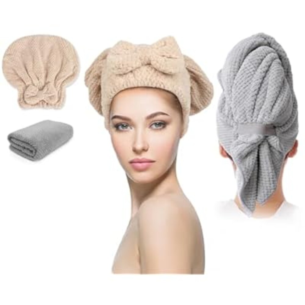Molirex Hair Towel Wrap for Women 2 Pack, Anti-Frizz Microfiber Hair Plopping Towel Super Absorbent Quick Dry Turbans for Curly Wet Hair Grey Khaki