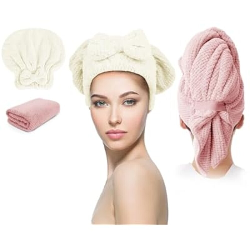 Molirex Hair Plopping Towel Curly with Snaps, Women 2 Pack Hair Drying Towel Wrap Super Absorbent & Quick Dry Turbans for All Hair Types Anti Frizz Pink&Beige