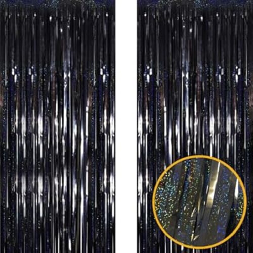 2 Pack 3.2ft x 8.2ft Black Metallic Tinsel Foil Fringe Curtains Door Streamer Photo Booth Backdrop for Birthday Wedding Engagement Baby Shower Bachelorette Christmas Party Supplies Decorations (Black)