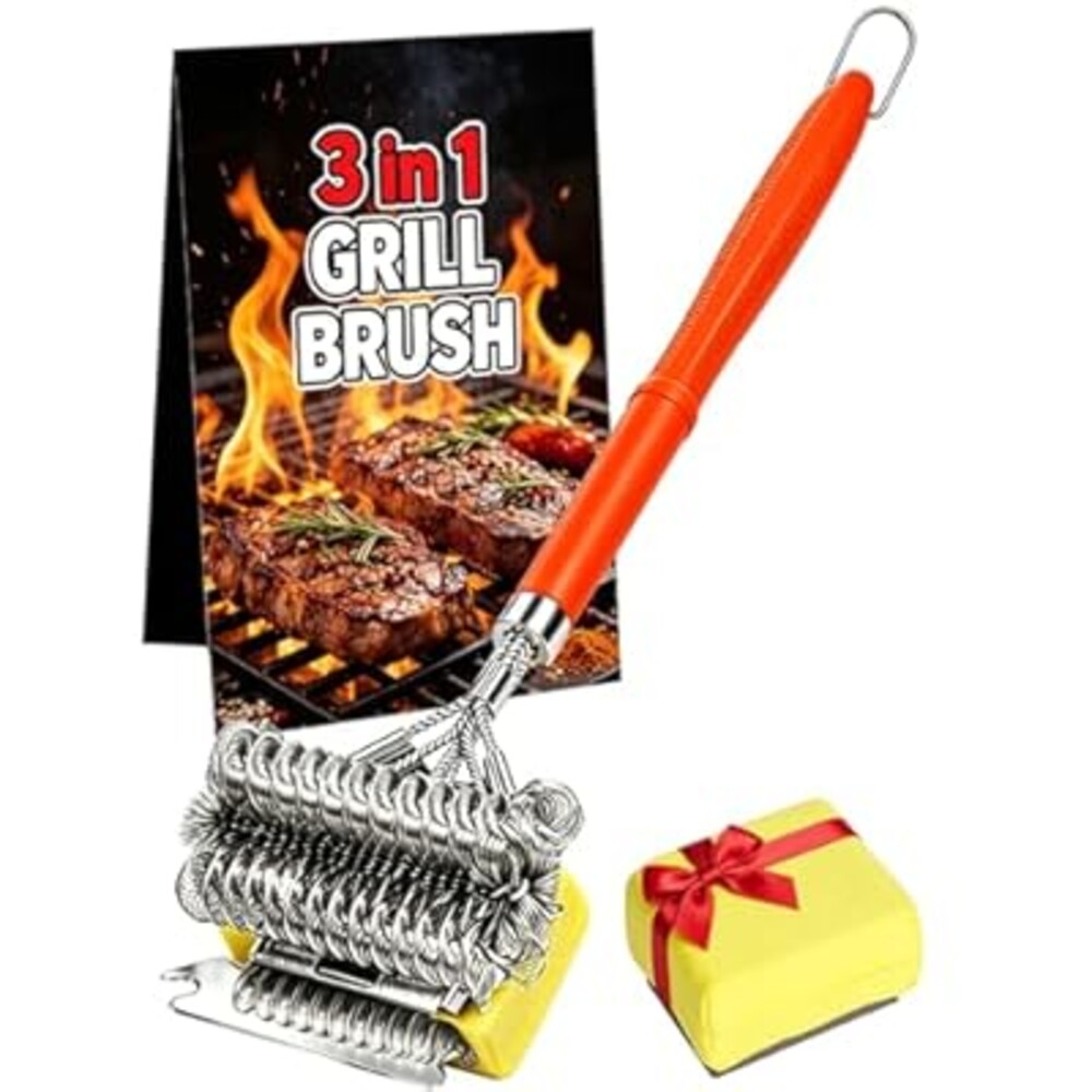 YEBLEM 3-in-1 Grill Brush and Scraper with 2 Sponges, 18" Heavy Duty Stainless Steel Bristle BBQ Cleaner, Heat Resistant Barbecue Grilling Tool, Ideal Outdoor Gift for Men & Dad (Orange)