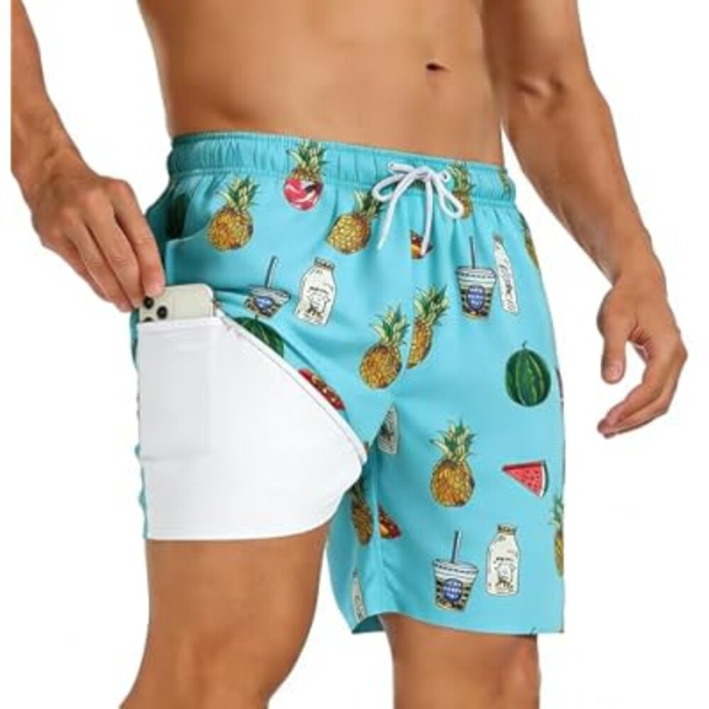 Inloko Mens Swim Trunks with Compression Liner 7 inch Inseam Quick Dry 2 in 1 Beach Board Shorts with Pockets S-3XL