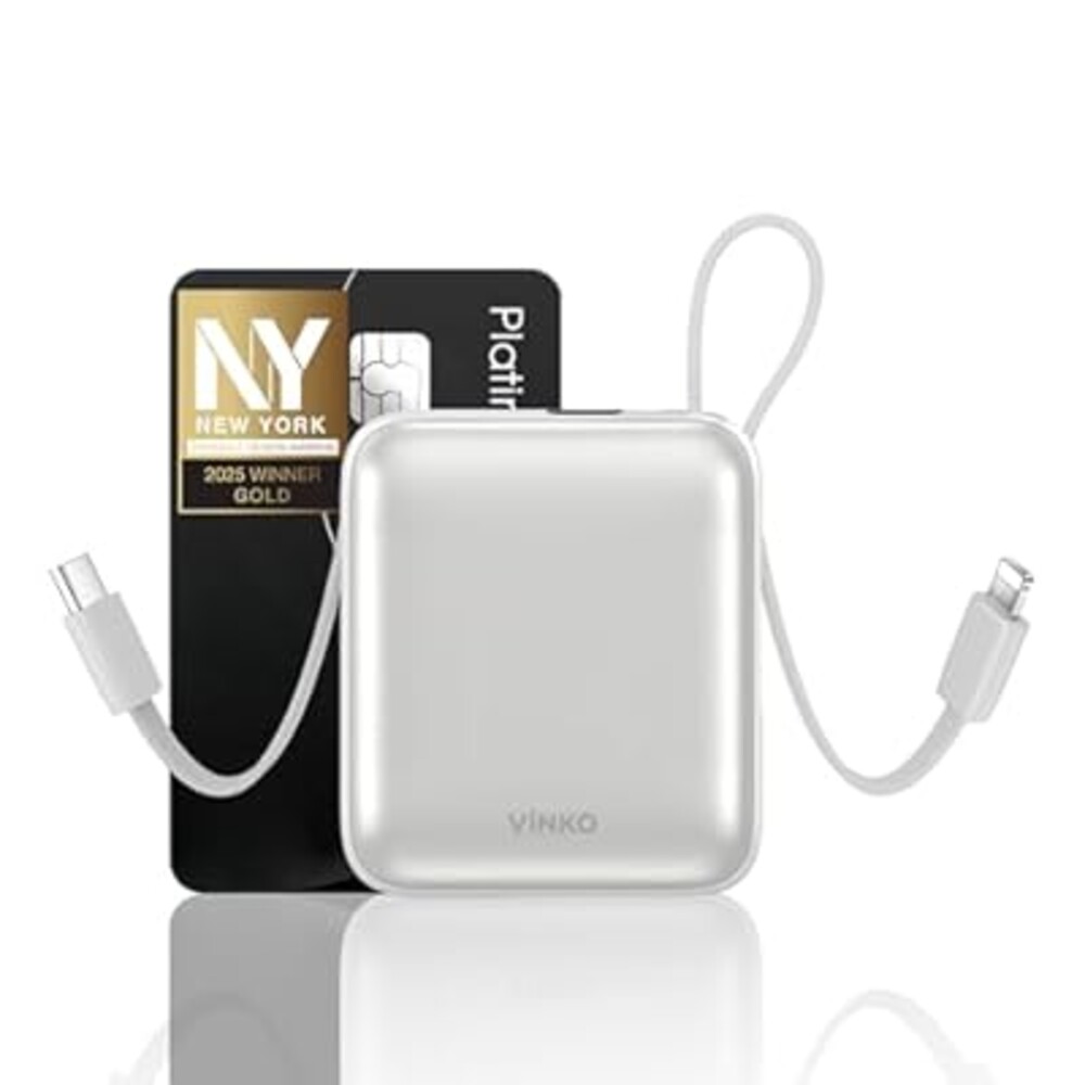 VINKO Small Portable Charger, 22.5W Fast Charging Mini Power Bank 10000mAh with Built-in Cables, Travel Essential USB-C Battery Pack Compatible with iPhone 17/16/15, Samsung S25/24, Android (White)