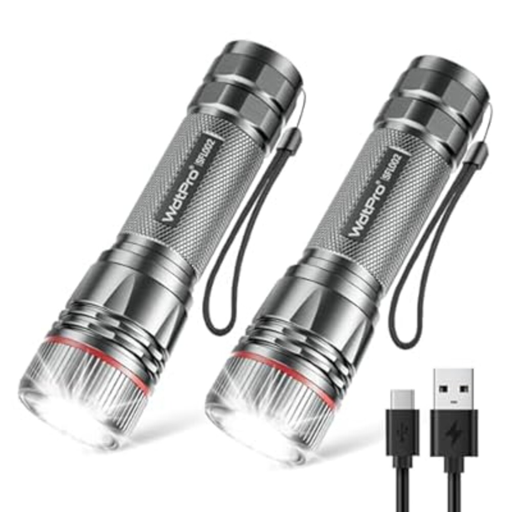 WdtPro Rechargeable Flashlights High Lumens, 2 Pack 10H Long Lasting Super Bright EDC Flashlight, LED Mini Tactical Flash Lights for Camping Emergency, Drop & Water Resistant Grey(Battery Included)