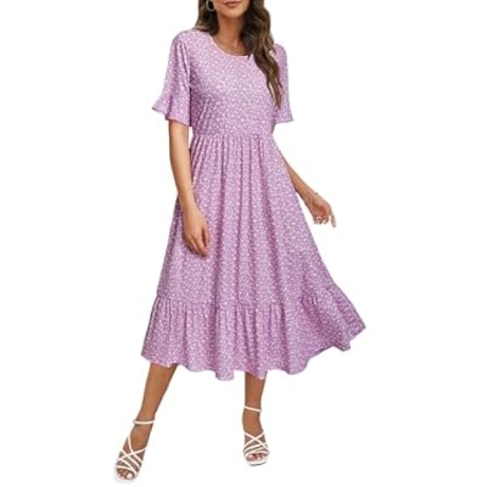 STYLEWORD Women's Summer 2026 Casual Short Sleeve Tiered Flowy Spring Dress Long Midi Beach Sundress Vacation Outfits