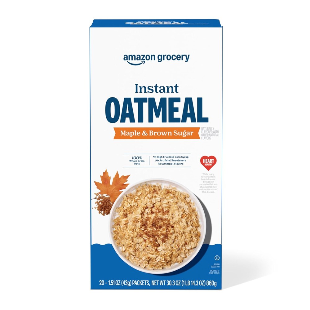 Amazon Grocery, Maple & Brown Sugar Instant Oatmeal, 1.51 Oz, 20 Ct