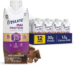 Ensure Max Protein Shake | 2-in-1 Muscle Support | 30g High Protein | HMB | 26 Vitamins & Minerals | Ready to Drink | Milk Chocolate | 11 fl oz, 12 pack