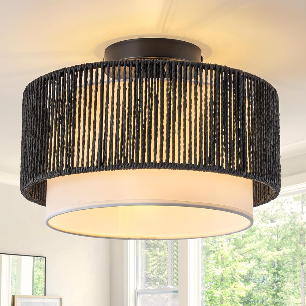 SineRise 12'' Rattan Flush Mount Ceiling Light Fixture,2-Tier Drum Hand-Woven Boho Flush Mount Ceiling Light,Farmhouse Light Fixture for Living Room,Kitchen,Bedroom Foyer Entryway ect.（Black）