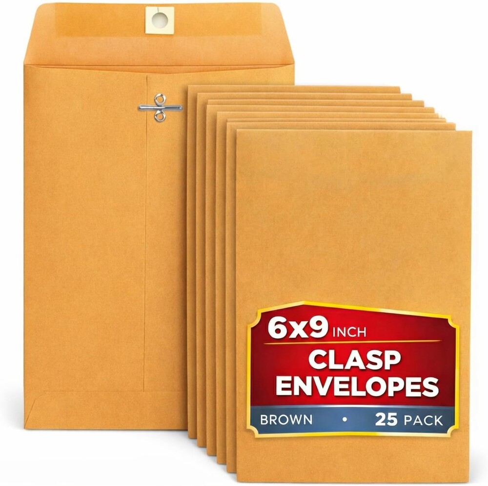 1InTheOffice Manilla Envelopes 6x9, Mailing Envelopes, Brown Envelopes, Clasp Envelopes, Gummed Flaps, Brown, 25 Pack