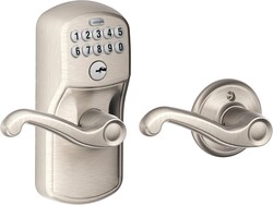 Schlage Plymouth Keypad Lock with Lever Handle, Electronic Keyless Door Entry, Auto‑Lock Enabled, Satin Nickel, FE575 PLY 619 FLA