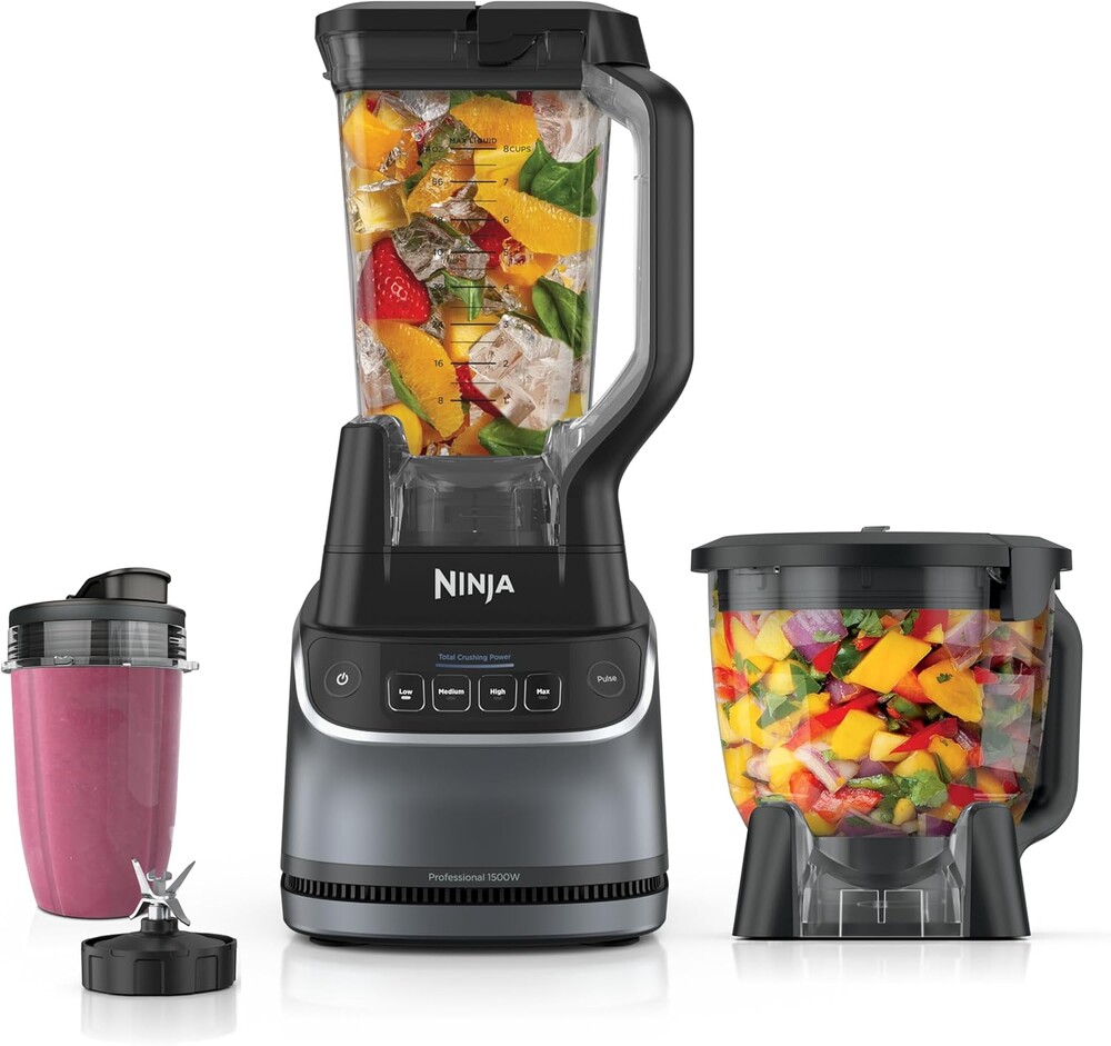 Ninja UltraCrush Professional Kitchen System | 1500W, 72oz Full-Size Blender, 8-Cup Food Processor & 18 oz To-Go Cup | Total Crushing Technology, Smoothies, Ice Crush, Chopping & More | Silver | BP401