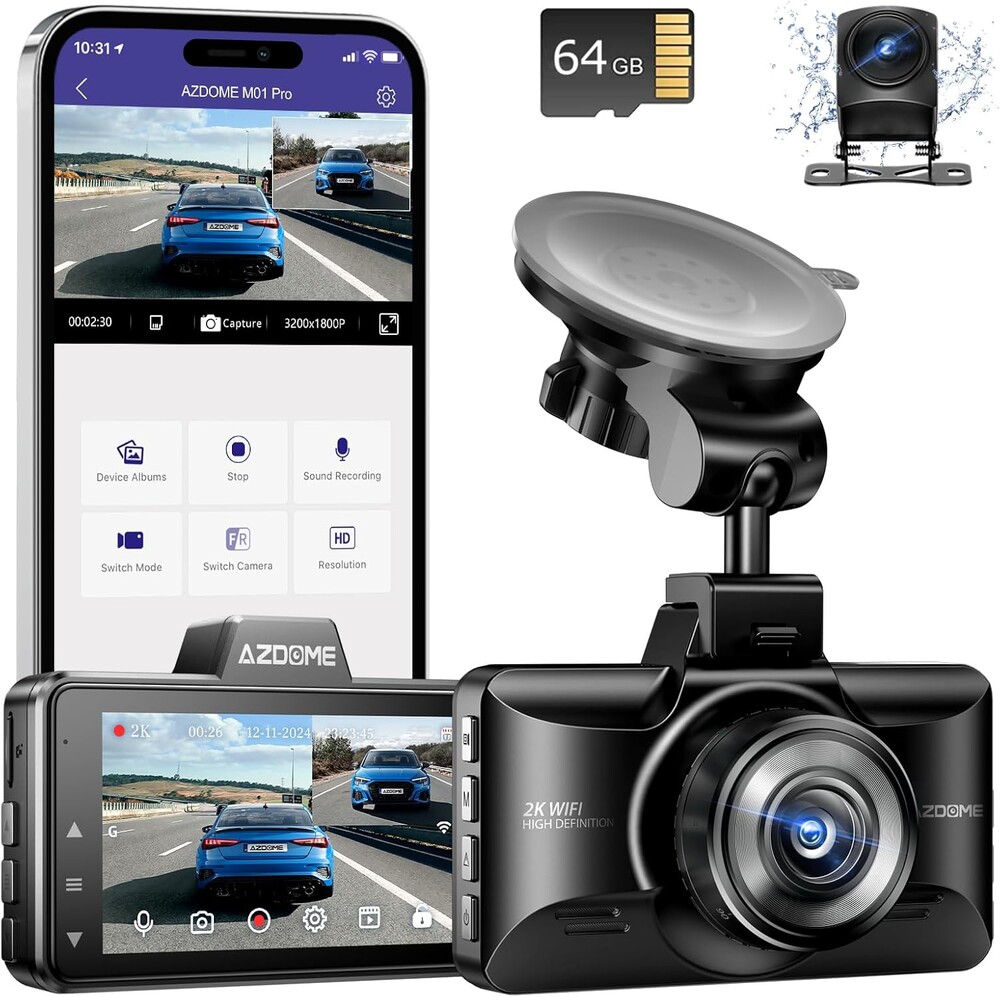 AZDOME Upgraded M01 Pro 3K WiFi Dash Cam Front and Rear, Free 64GB Card, App Control Dashboard Camera for Car, G-Sensor Parking Modes Dashcam, ADAS, Loop Recording (Matte Black)