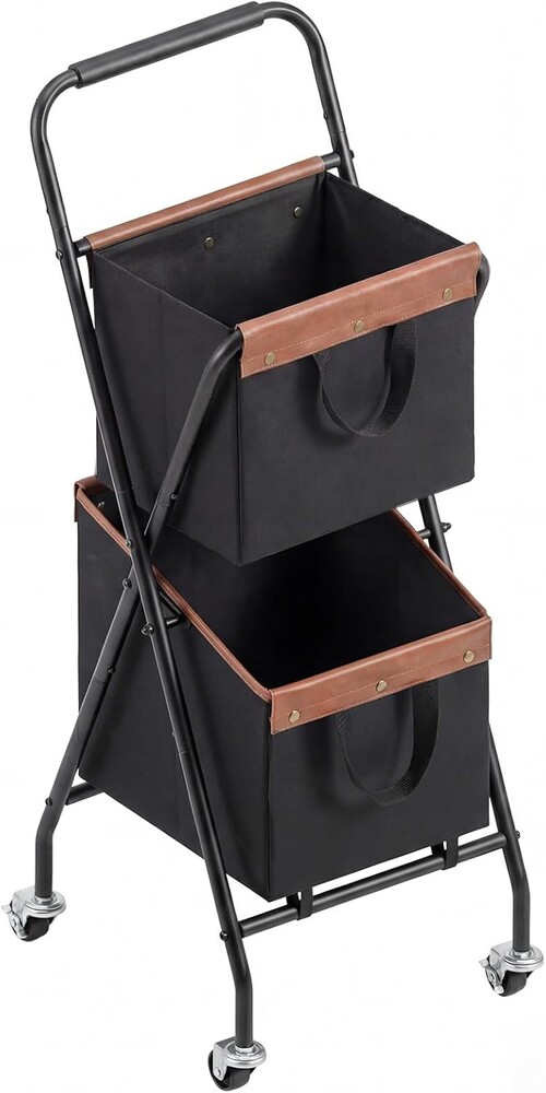 HOOBRO Folding Laundry Cart with Wheels, 17.8 Gal. (67.5 L) Rolling Laundry Hamper, 2 Section Clothes Basket with Metal Frame & Canvas Liner for Small Narrow Space, Black and Brown BB23XY01