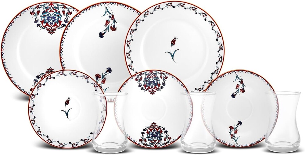 Karaca Nakkas 18 Piece Turkish Teacups & Appetizer Plate Set for 6 People - Colorful Dessert Plates (7.4"), Small Turkish Tea Glasses with Saucers - Glass Tea Cups & Porcelain Dish Set