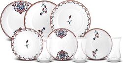 Karaca Nakkas 18 Piece Turkish Teacups & Appetizer Plate Set for 6 People - Colorful Dessert Plates (7.4"), Small Turkish Tea Glasses with Saucers - Glass Tea Cups & Porcelain Dish Set