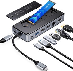 ORICO USB-C Hub with M.2 SSD Enclosure, 8-in-1 USB C Docking Station Fits M.2 NVMe/SATA SSD, 10Gbps, 4K@60Hz HDMI, 100W PD, Ethernet - OM28PR