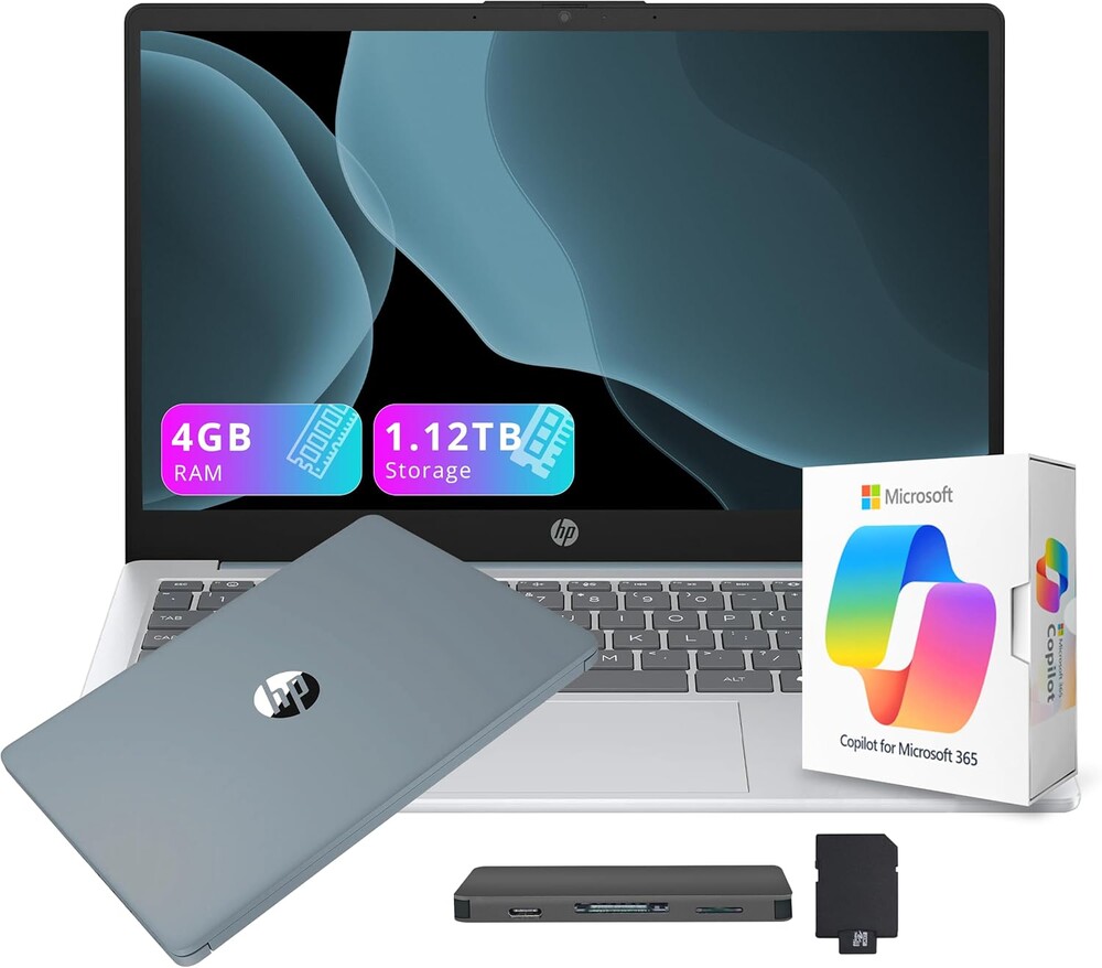 HP Stream 14" HD Student&Business Laptop with AI Copilot, AMD Athlon 7120, 4GB RAM, 1.12TB Storage (128GB SSD + 1TB Docking Station), 1 Year Office 365, Radeon Graphics, Win 11, Moonlight Blue
